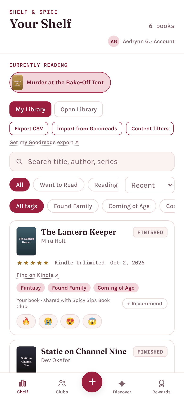 Shelf & Spice in All Genres mode, showing fantasy, thriller and mystery books with no spice ratings