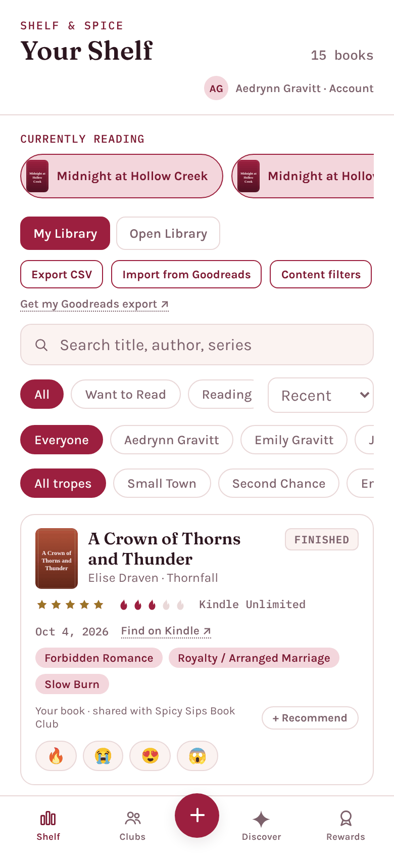 Your shelf with tropes, spice and star ratings